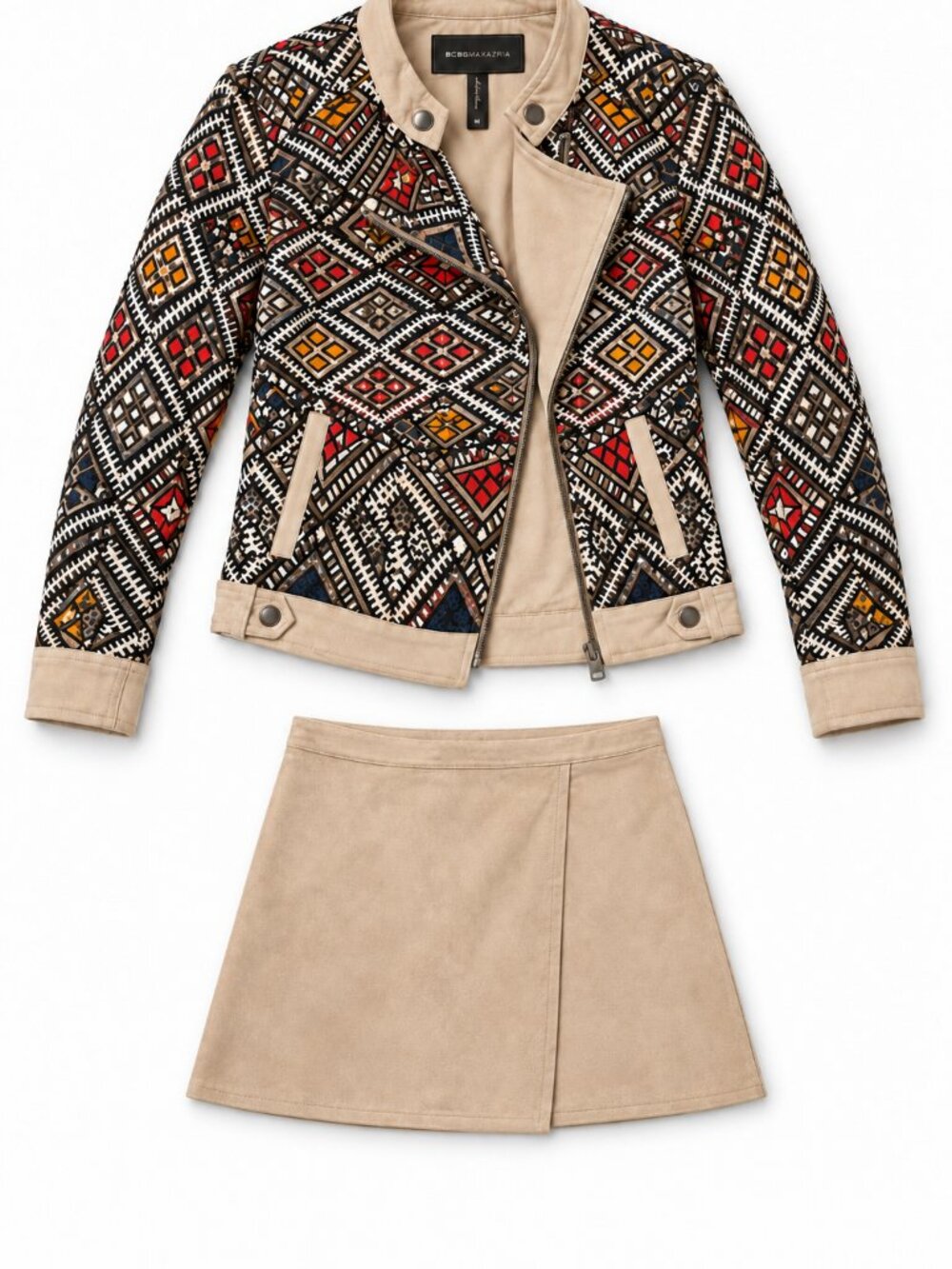 BCBGMAXAZRIA Jacket & Sabrina Faux Suede Skirt Set Women’s Beige 2 Piece